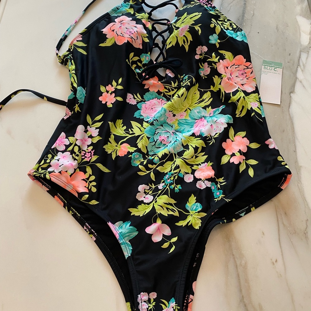 Women's Floral One-Piece Swimsuit by Blue C - Black and Multicolor